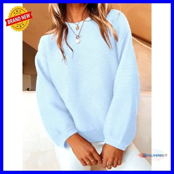 Ribbed Knit Pullover Sweater Oversized Lantern Sleeves Chic Casual Tops - Picture 2 of 7